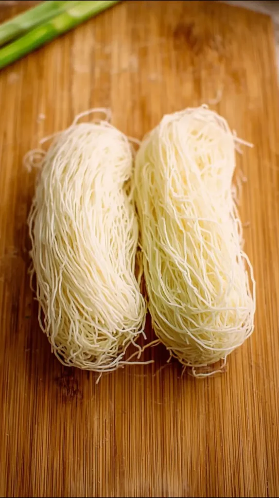 Two bundles of uncooked thin noodles on a wooden board—fine strands neatly coiled, ready for Vietnamese chicken noodle soup.