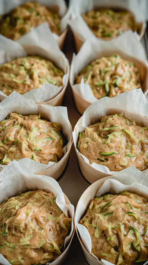 Muffin liners filled with sourdough zucchini batter, ready to bake