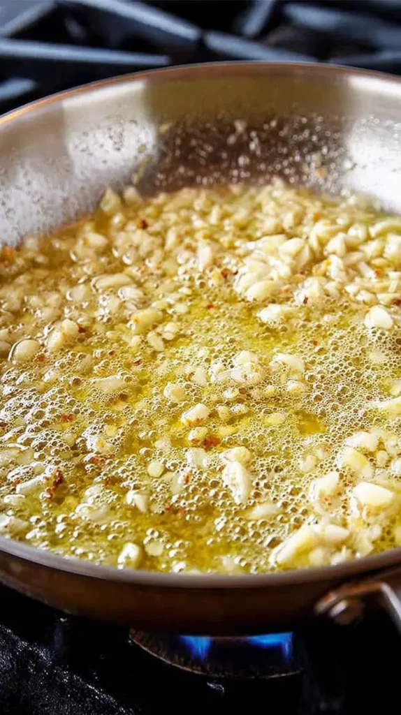Minced garlic gently sizzling in olive oil and butter in a skillet to build a rich lemon garlic pasta sauce.