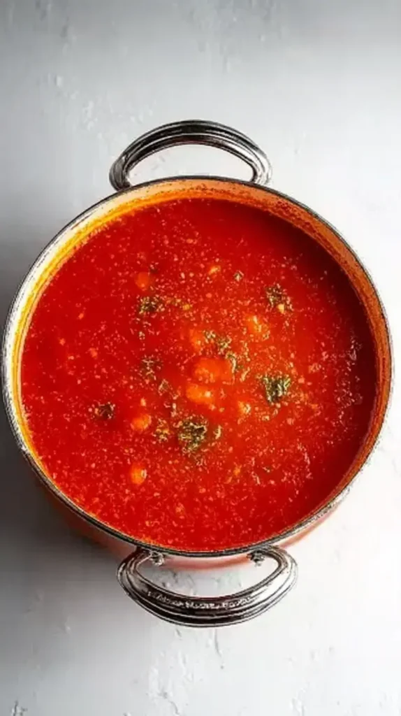 Overhead view of a silver-handled pot filled with bright red tomato soup gently simmering, flecked with herbs and garlic, ready for canning.