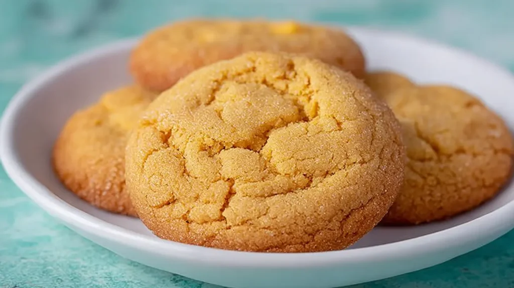 Soft golden cornmeal cookie on a white plate with more cookies in the background.