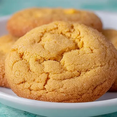 Simple, Beautiful Cornmeal Cookie Recipe 5 Soft golden cornmeal cookie on a white plate with more cookies in the background.