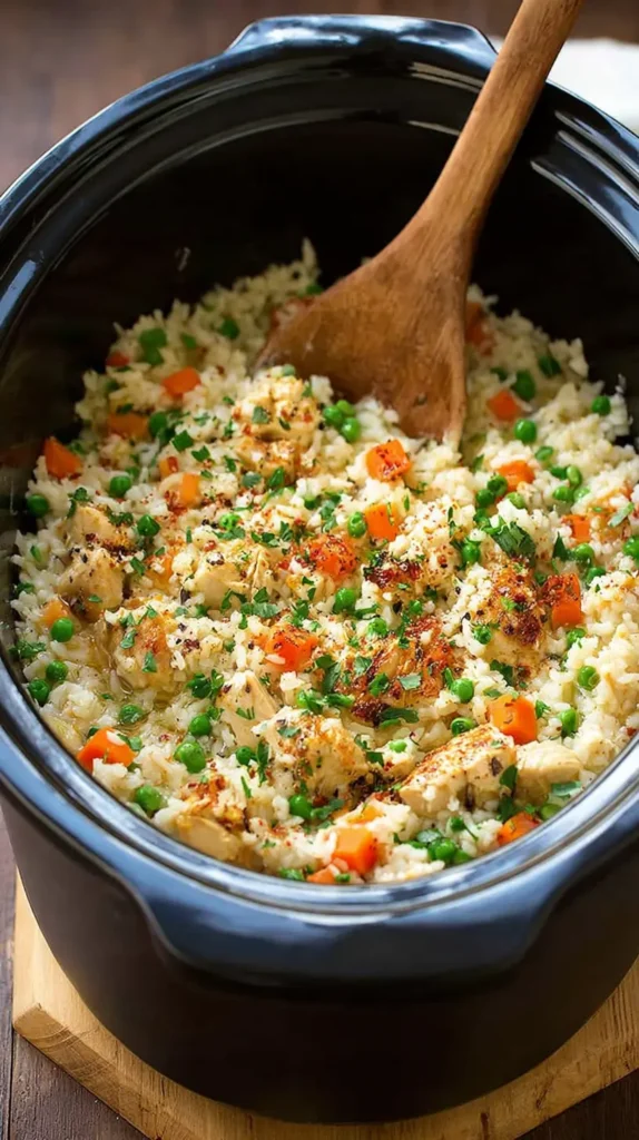 Crockpot chicken and rice in a slow cooker with peas, carrots, and herbs