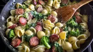 Creamy shell pasta with smoked sausage slices and tender broccoli florets in a skillet.