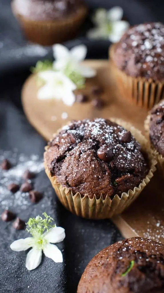 Sourdough Zucchini Muffins dusted with sugar and studded with chocolate chips