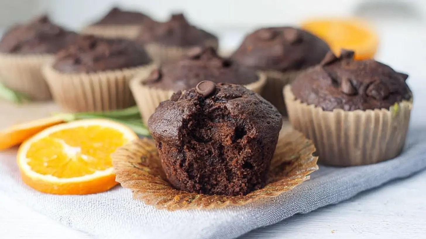 Inside crumb of Sourdough Zucchini Muffins showing moist chocolate texture