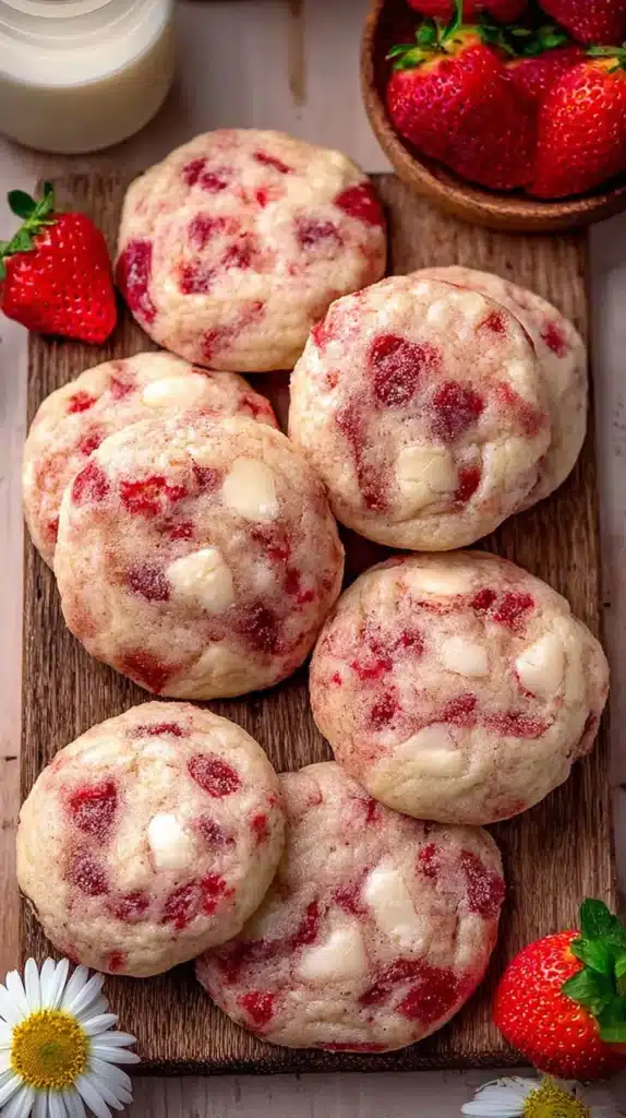 Freshly baked strawberry cheesecake cookies with white chocolate chunks and real strawberry pieces on a wooden board.
