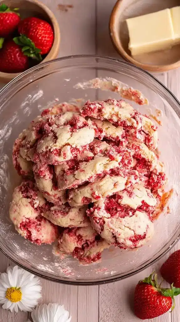 Strawberry cheesecake cookie dough in a glass bowl with chunks of fresh strawberries and creamy batter.