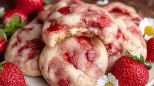 Soft strawberry cheesecake cookies filled with creamy cheesecake and swirled with fresh strawberry pieces.