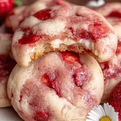Soft strawberry cheesecake cookies filled with creamy cheesecake and swirled with fresh strawberry pieces.