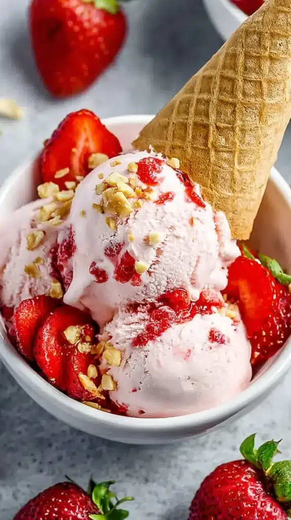 Bowl of strawberry cheesecake ice cream topped with crushed nuts, fresh strawberries, and a waffle cone for a creamy, indulgent dessert.