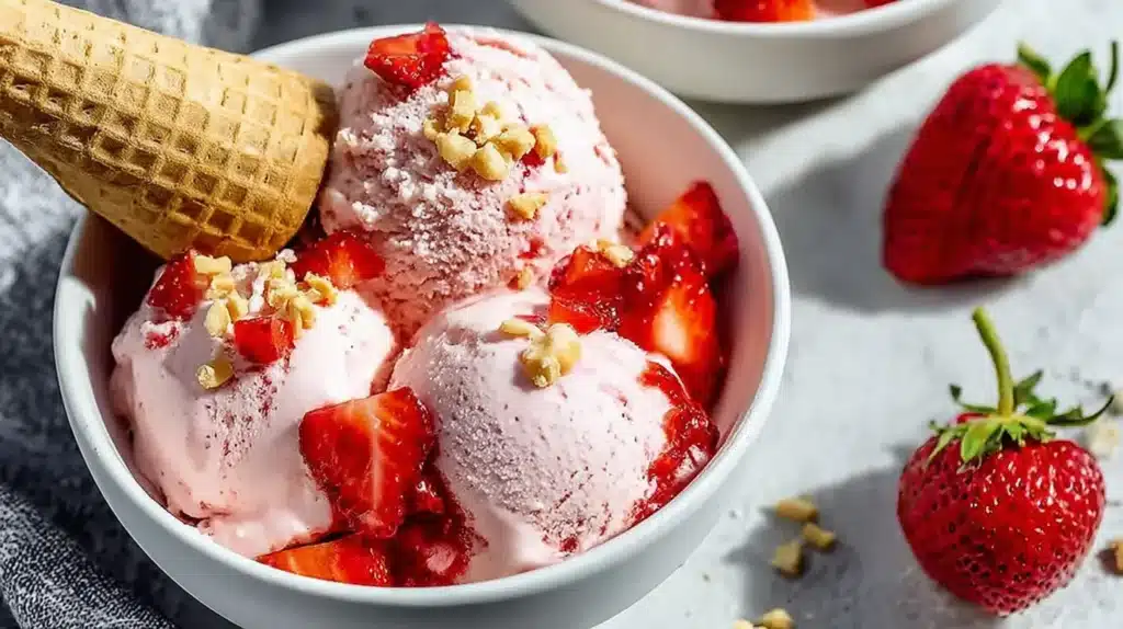 Creamy strawberry cheesecake ice cream topped with fresh strawberries, crushed nuts, and a waffle cone in a white bowl.