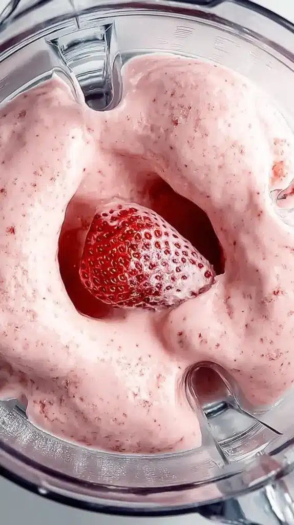 Close-up of strawberry cheesecake ice cream blending in a mixer, with a fresh strawberry in the center and smooth creamy texture.