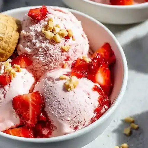 Creamy strawberry cheesecake ice cream topped with fresh strawberries, crushed nuts, and a waffle cone in a white bowl.