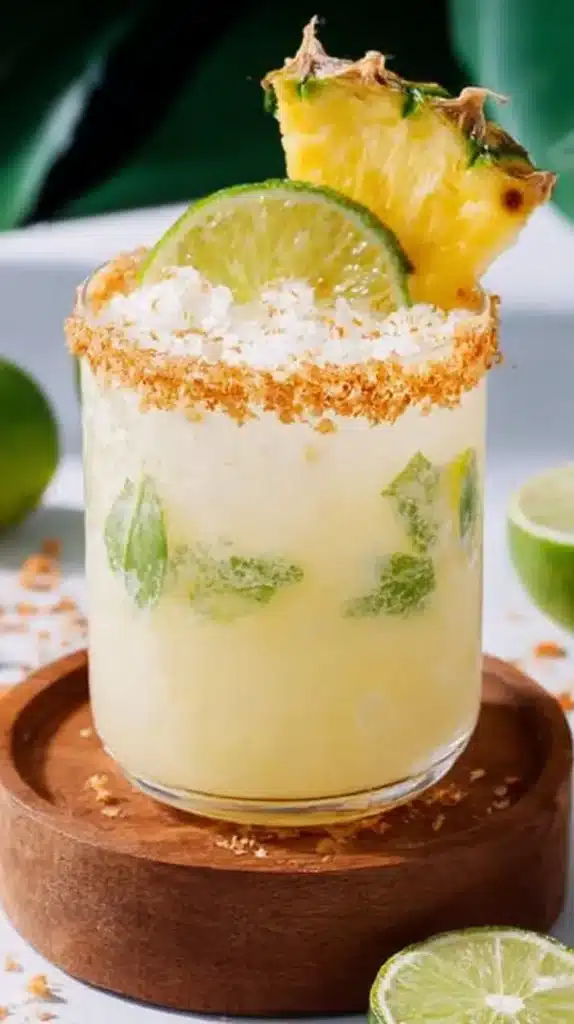 Refreshing coconut mojito mocktail with pineapple slice and lime, served over crushed ice in a glass with a toasted rim.