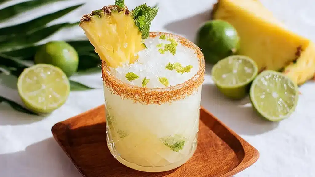 Coconut mojito mocktail topped with shredded coconut and fresh mint, served with pineapple and lime on a wooden tray.