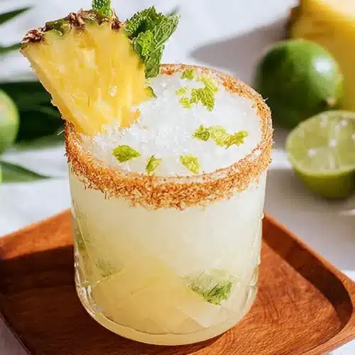 Coconut mojito mocktail topped with shredded coconut and fresh mint, served with pineapple and lime on a wooden tray.
