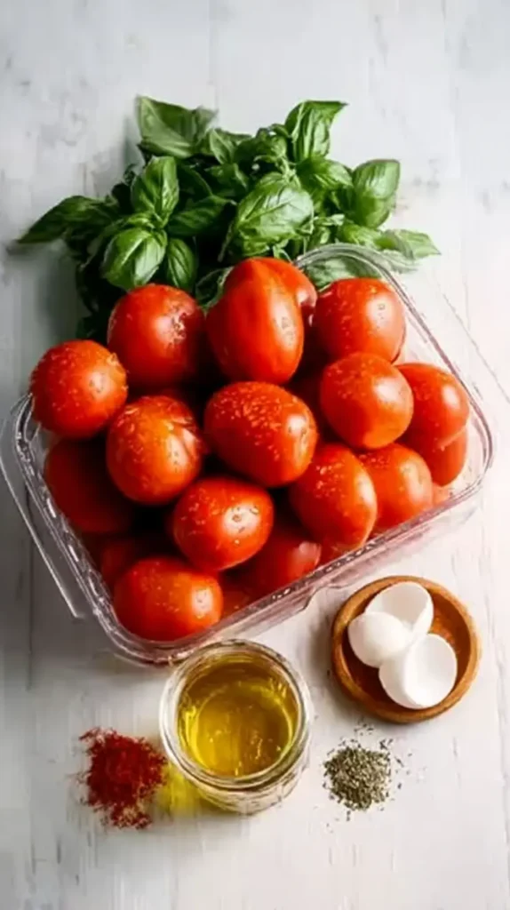 Overhead of Roma tomatoes in a clear tub with fresh basil, olive oil, spices, and citric acid tablets on a white board—ingredients for Tomato Soup Recipe for Canning