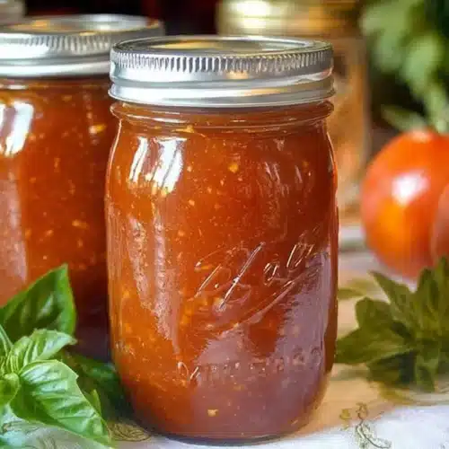Three mason jars of homemade tomato soup concentrate with silver lids, set on a towel with fresh tomatoes and basil in the background.