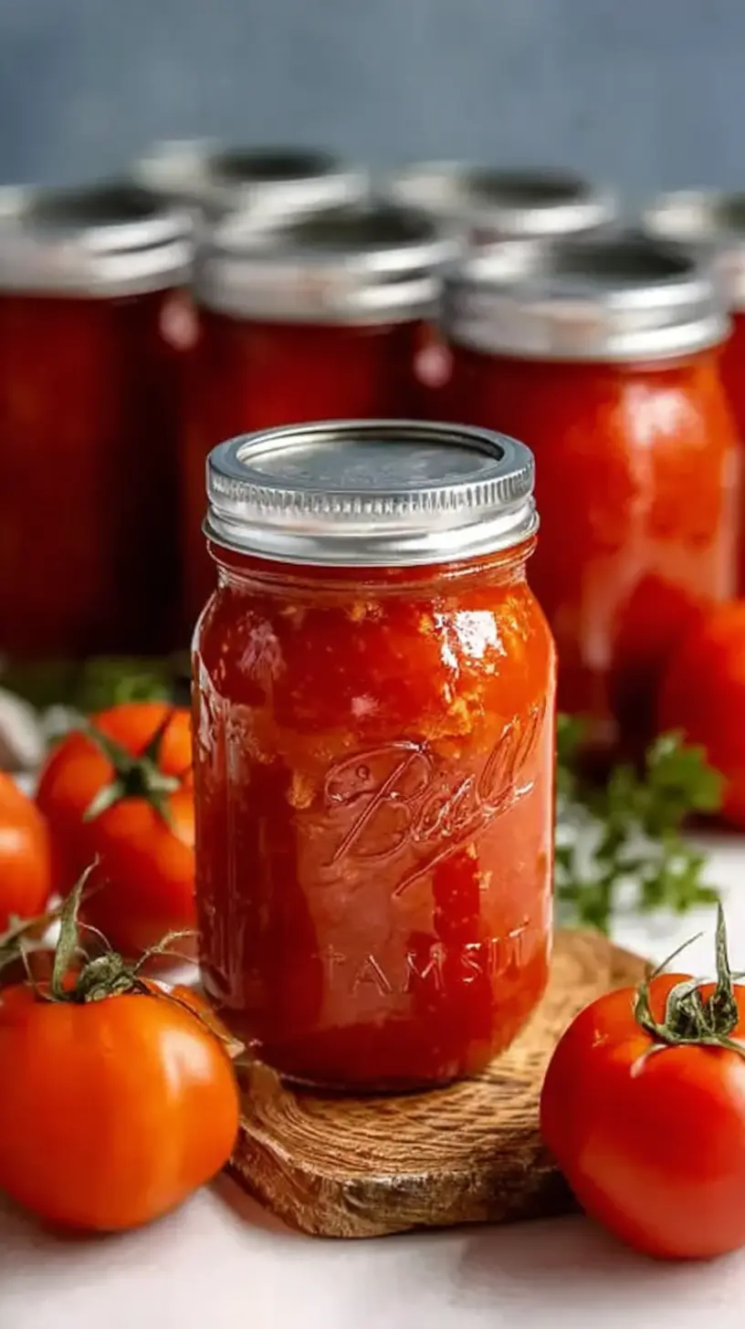 Single mason jar of homemade tomato soup concentrate with a silver lid, surrounded by fresh tomatoes, with more filled jars softly blurred in the background.