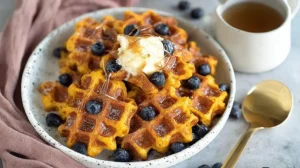 Ultimate Cereal Waffles — Crisp Bites in Minutes Golden cereal waffles topped with fresh blueberries, butter, and maple syrup on a breakfast plate.