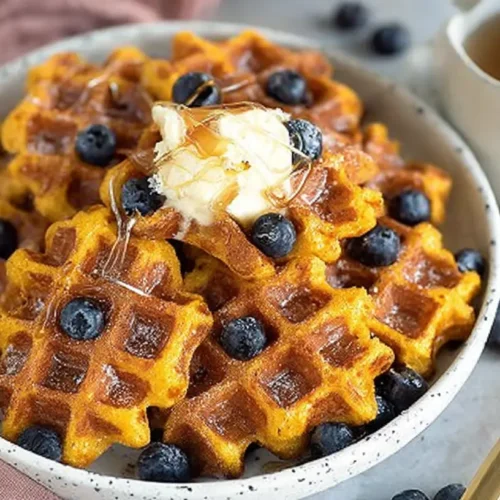 Golden cereal waffles topped with fresh blueberries, butter, and maple syrup on a breakfast plate.