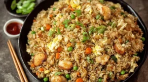 Close-up of chicken fried rice piled in a black bowl—seared chicken, peas, diced carrots, fluffy egg, and sliced scallions, Blackstone-style, with chopsticks and sauce nearby.