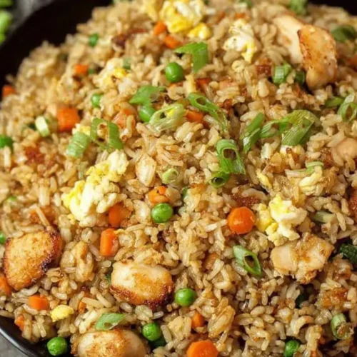 Close-up of chicken fried rice piled in a black bowl—seared chicken, peas, diced carrots, fluffy egg, and sliced scallions, Blackstone-style, with chopsticks and sauce nearby.