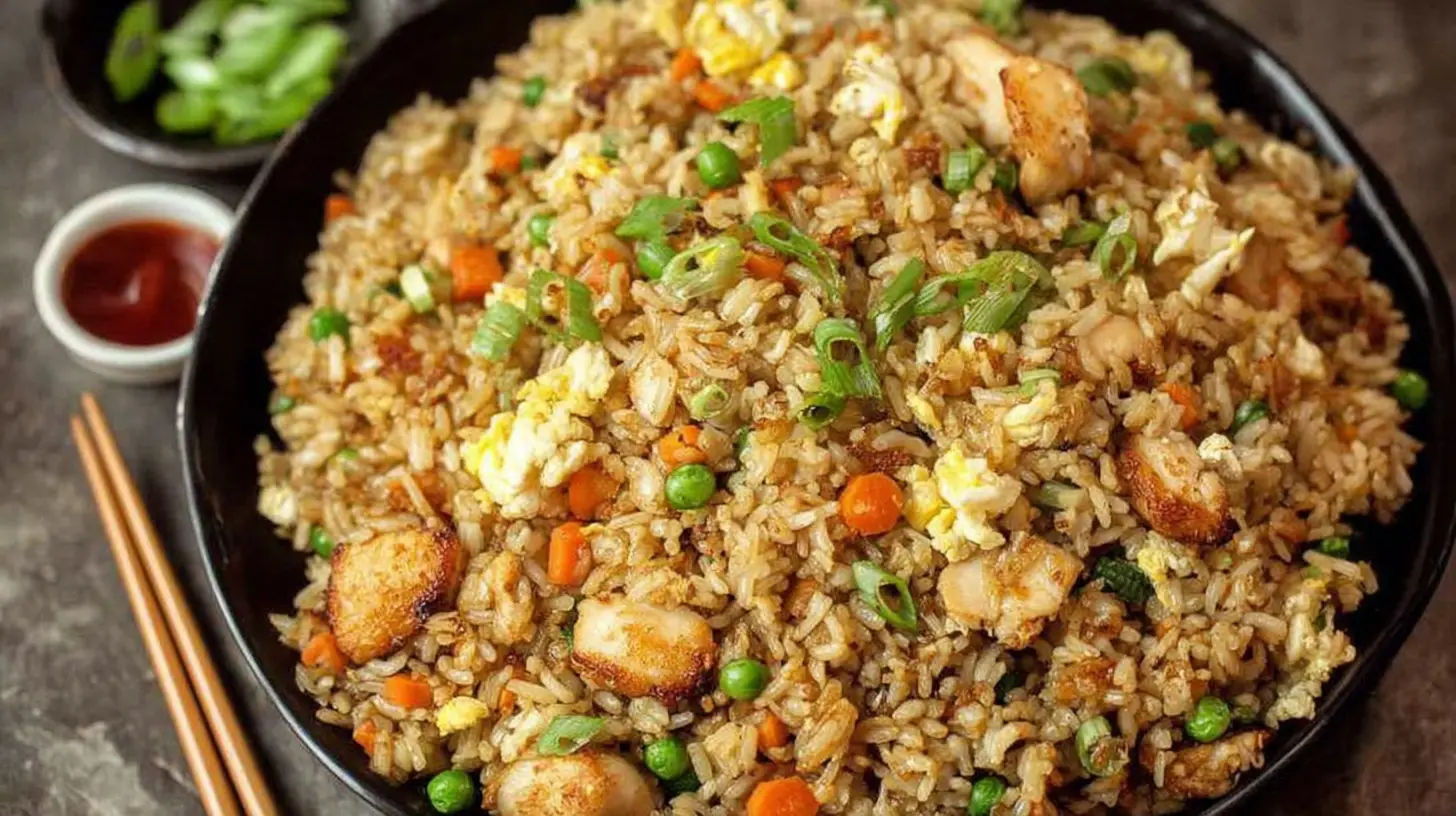 Close-up of chicken fried rice piled in a black bowl—seared chicken, peas, diced carrots, fluffy egg, and sliced scallions, Blackstone-style, with chopsticks and sauce nearby.