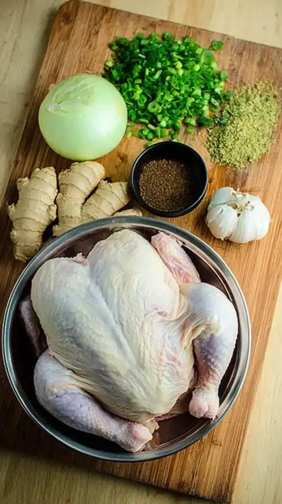 Overhead mise en place for Vietnamese chicken noodle soup: whole raw chicken in a bowl, fresh ginger, garlic, onion, chopped scallions, and small piles of dried spices on a wooden board.
