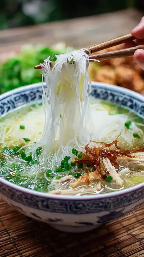 Vertical close-up of Vietnamese chicken noodle soup—chopsticks lift silky rice noodles over clear broth with shredded chicken, scallions, and crispy fried shallots.