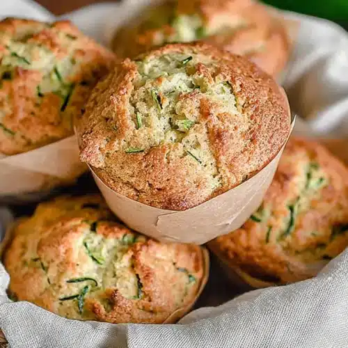 Basket of warm sourdough zucchini muffins wrapped in a linen towel