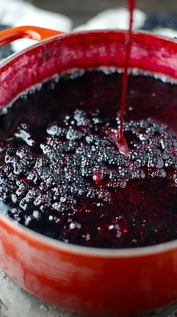 Close-up of bubbling black raspberry jam simmering in a red enamel pot, with a thin stream pouring in.