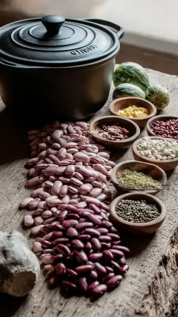 Easy Anasazi Beans Recipe for Amazing Flavor 3 A cast-iron pot surrounded by a cascade of dry Anasazi beans and small wooden bowls filled with spices, herbs, and vegetables on a wooden board.