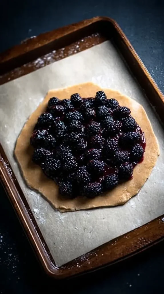 Unbaked blackberry galette with berry filling centered on rolled pastry, ready for folding on a sheet pan