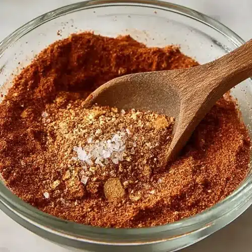 Small glass bowl of reddish-brown BBQ spice blend with flaky salt on top and a wooden spoon scooping the mixture.