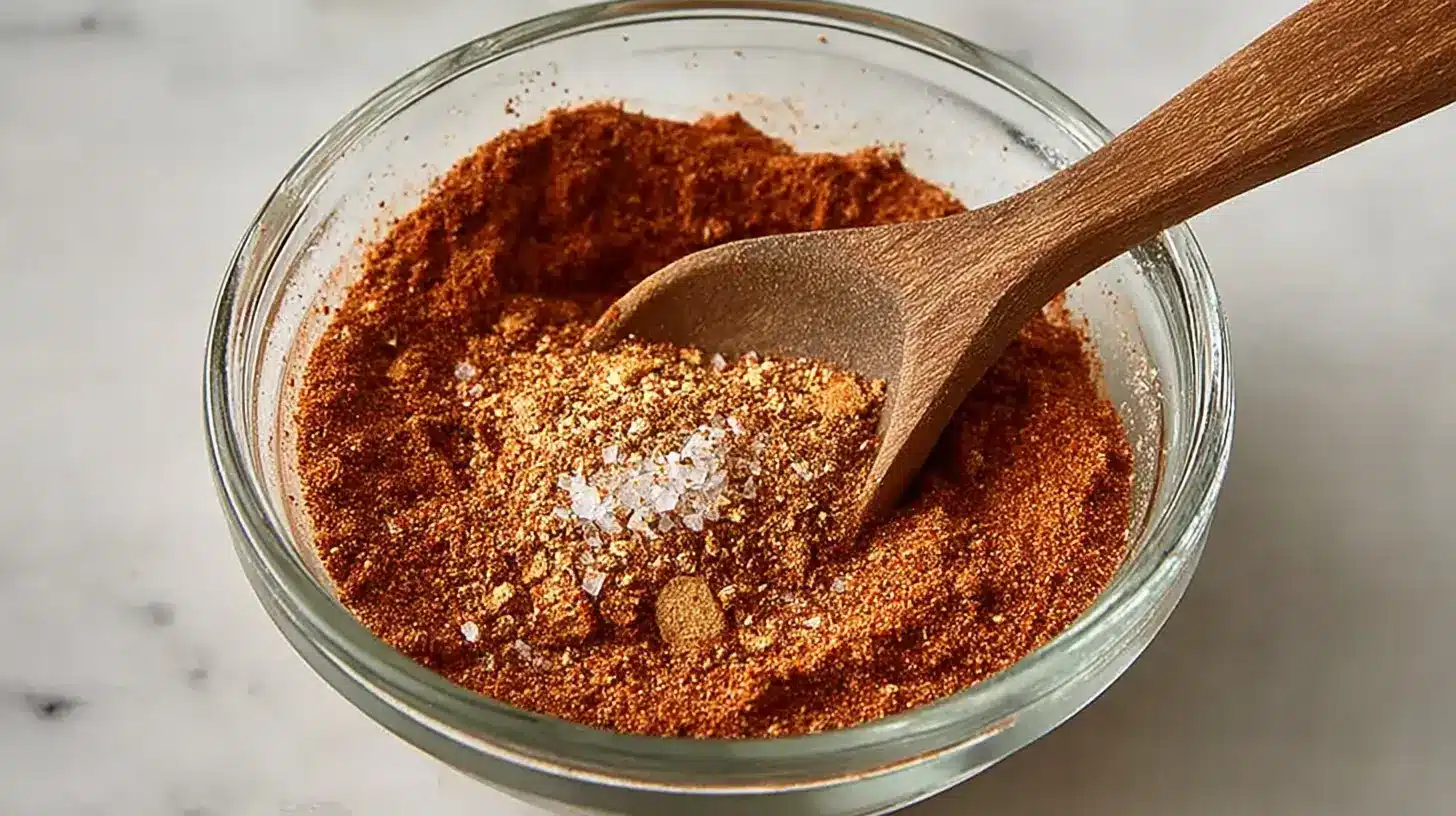 Small glass bowl of reddish-brown BBQ spice blend with flaky salt on top and a wooden spoon scooping the mixture.