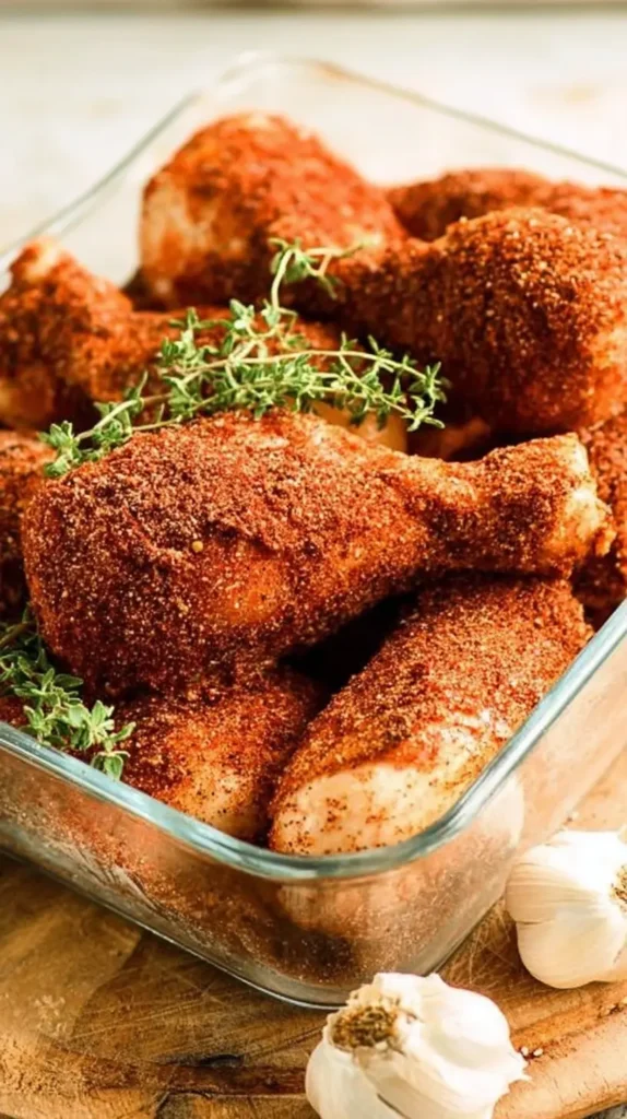 Raw chicken drumsticks in a glass baking dish generously coated with a red-brown BBQ dry rub, topped with thyme; whole garlic bulbs nearby.