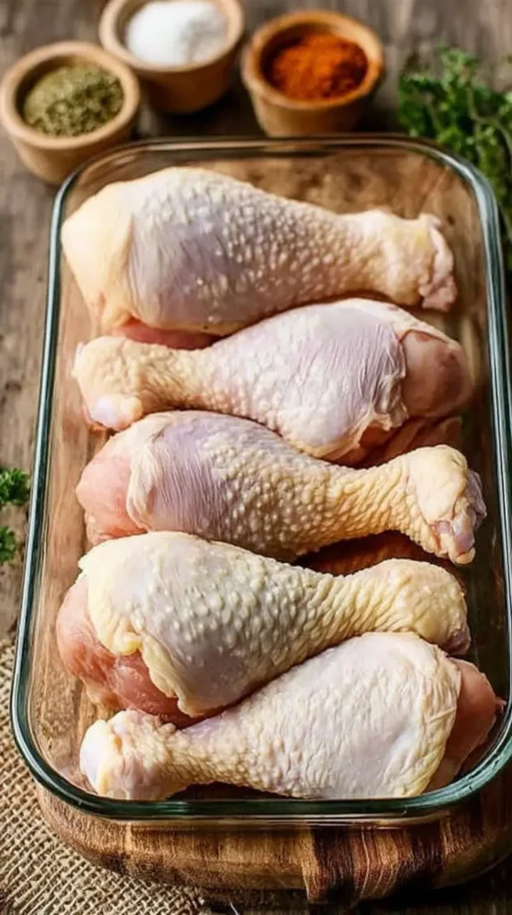 Unseasoned chicken drumsticks arranged in a glass dish with small bowls of paprika, salt, and dried herbs in the background.