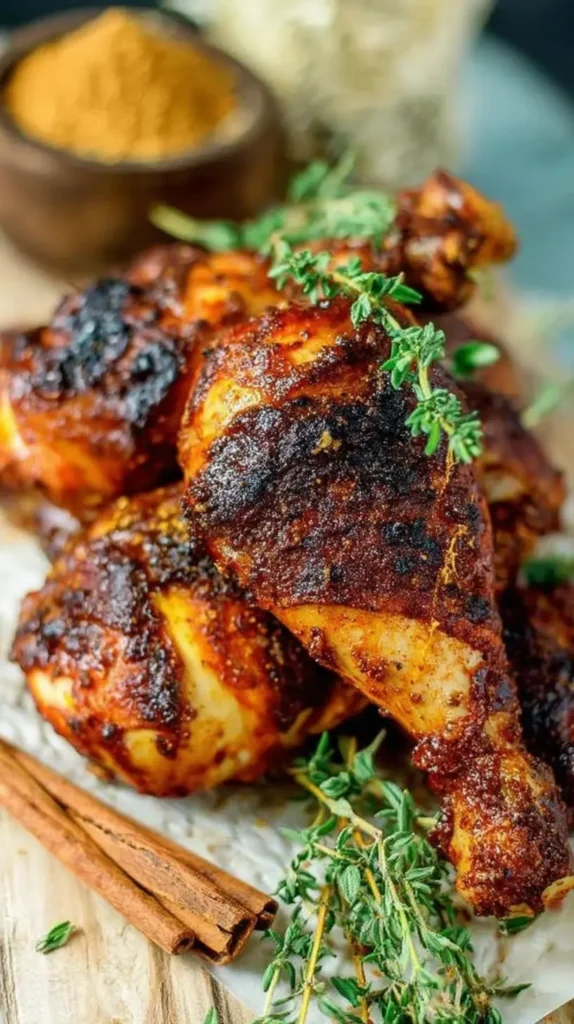 Close-up of grilled chicken drumsticks coated in a mahogany BBQ dry rub, garnished with fresh thyme sprigs and cinnamon sticks on a wooden board.