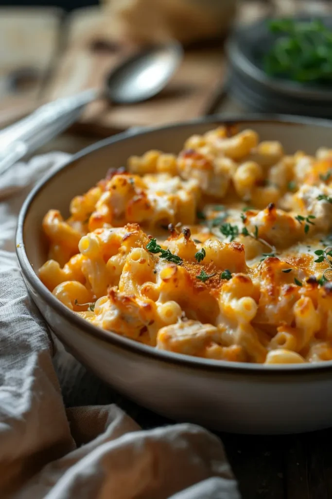 Baked buffalo chicken mac and cheese in a shallow bowl, with golden bubbly cheese and pasta on top.
