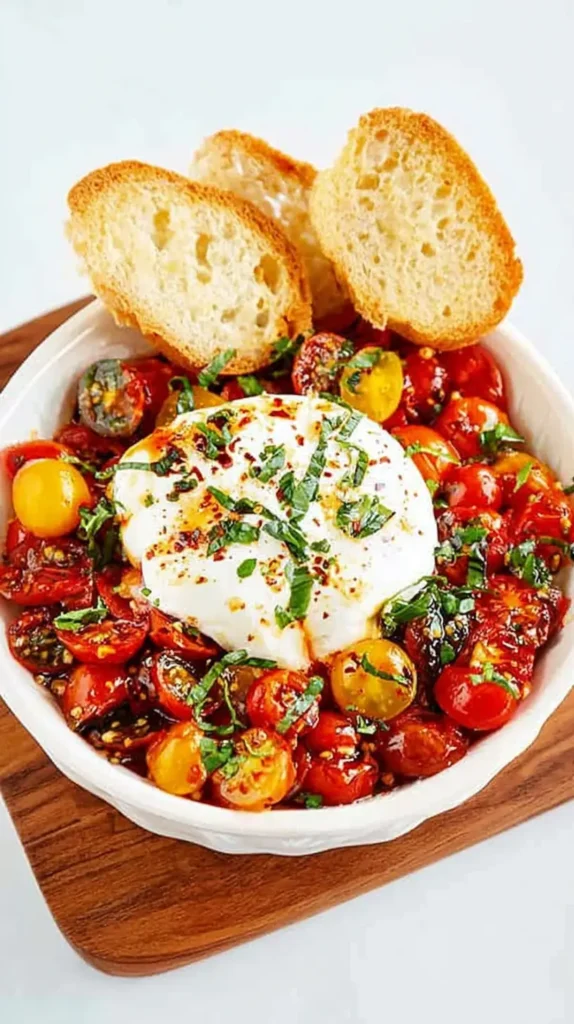 Bowl of baked burrata and cherry tomatoes served with crostini on a wooden board