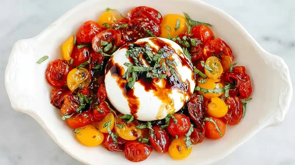 Baked burrata with balsamic glaze on a bed of roasted red and yellow cherry tomatoes, garnished with fresh basil in a white serving dish.