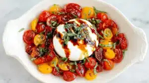 Baked burrata with balsamic glaze on a bed of roasted red and yellow cherry tomatoes, garnished with fresh basil in a white serving dish.