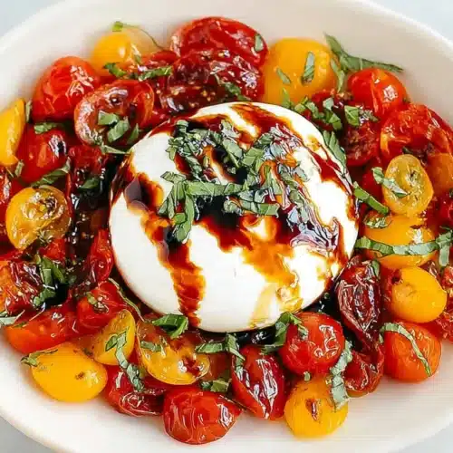 Baked burrata with balsamic glaze on a bed of roasted red and yellow cherry tomatoes, garnished with fresh basil in a white serving dish.