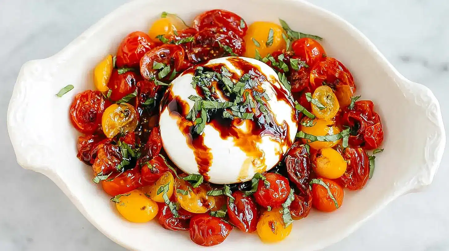 Baked burrata with balsamic glaze on a bed of roasted red and yellow cherry tomatoes, garnished with fresh basil in a white serving dish.