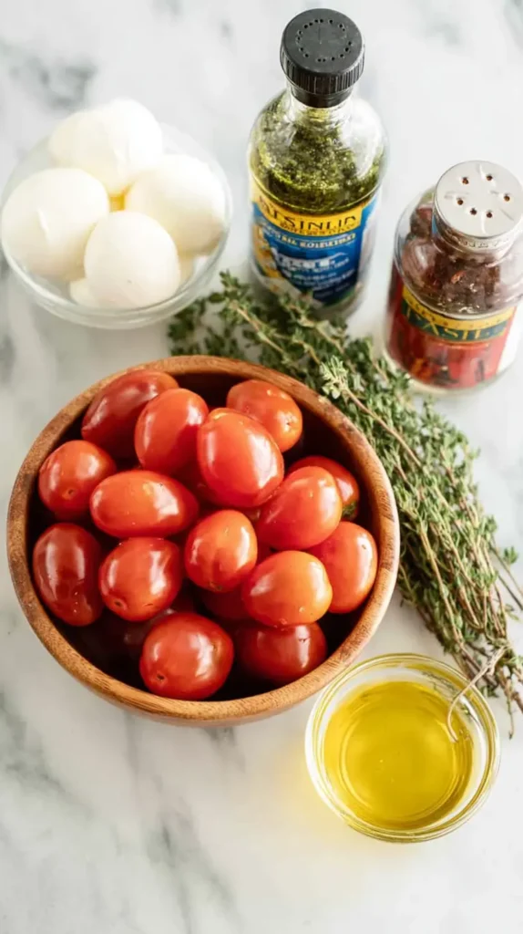 Bowl of grape tomatoes, fresh burrata, thyme, olive oil and seasonings for baked burrata