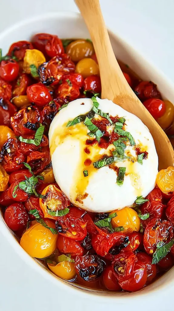 Baked burrata resting on roasted cherry tomatoes with fresh basil and balsamic