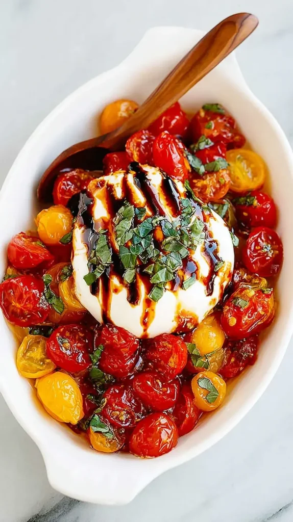 Close-up of baked burrata topped with balsamic glaze and basil over roasted tomatoes
