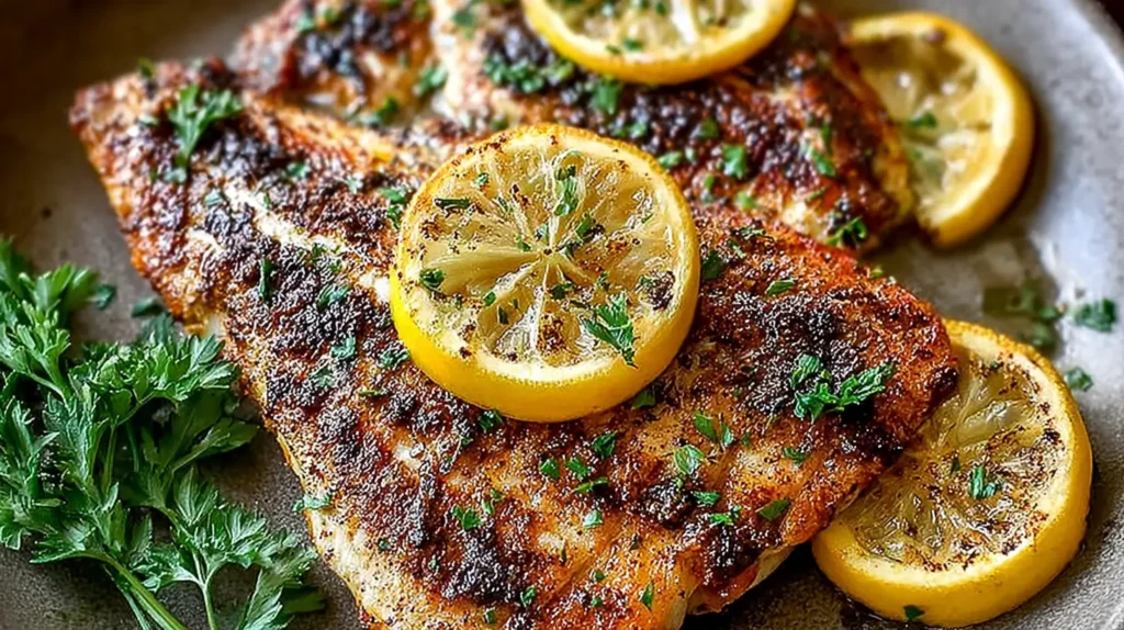 Golden-spiced baked red snapper fillets topped with lemon slices and parsley on a platter, showing a crisp crust and tender, flaky flesh.